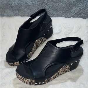 Corkys Carley Floral Studded Black & Tan Slingback Women’s Wedge Sandals Size 9